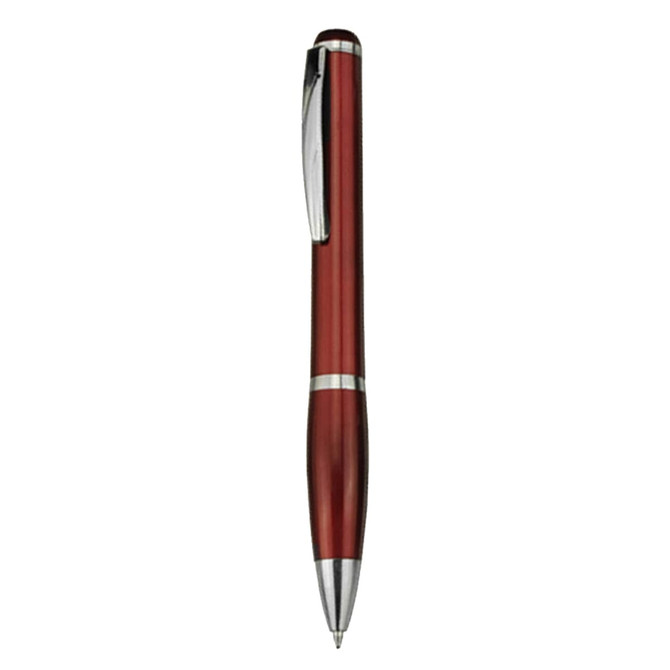 A red plastic pen with silver accents and a clip, featuring a logo.