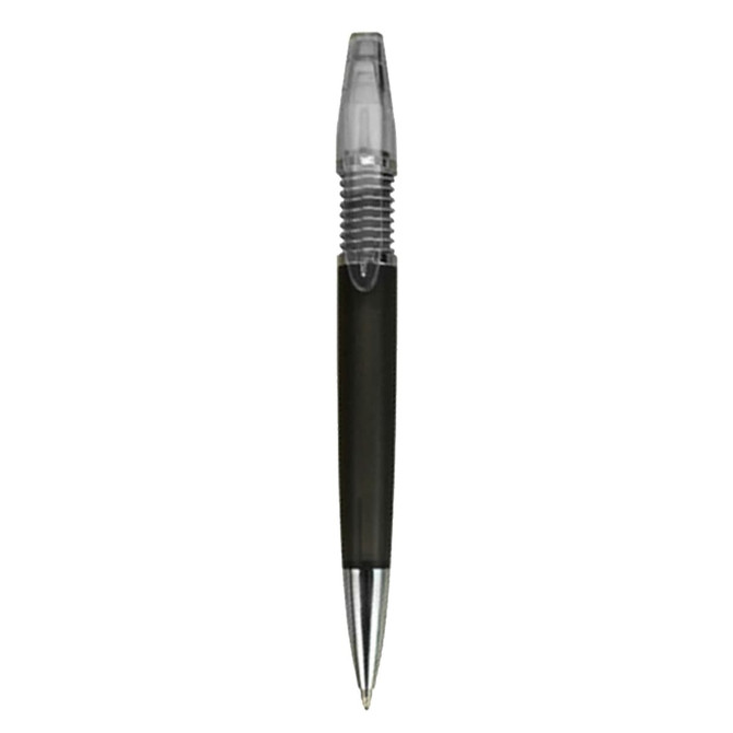 A black plastic pen with a clear cap and metallic accents. It features a logo on the barrel.
