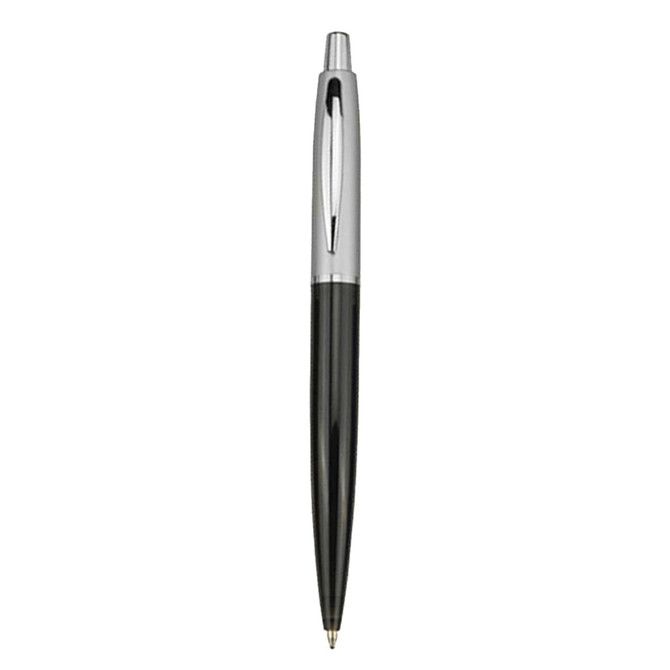 A plastic pen in black with a shiny silver clip and tip, featuring a branding logo.