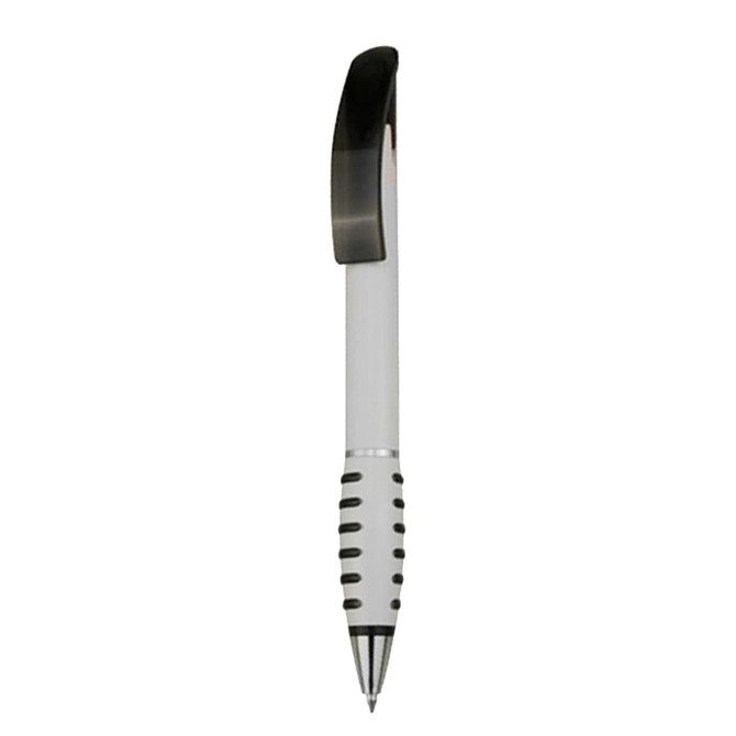 A plastic pen in white with a black grip and clip, featuring a logo.