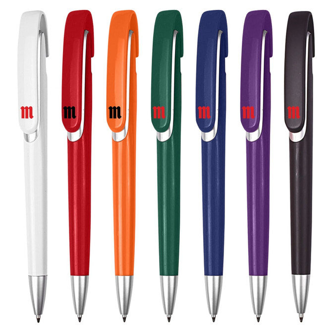 A collection of eight plastic pens in white, red, orange, green, blue, purple, and black, each featuring a logo.