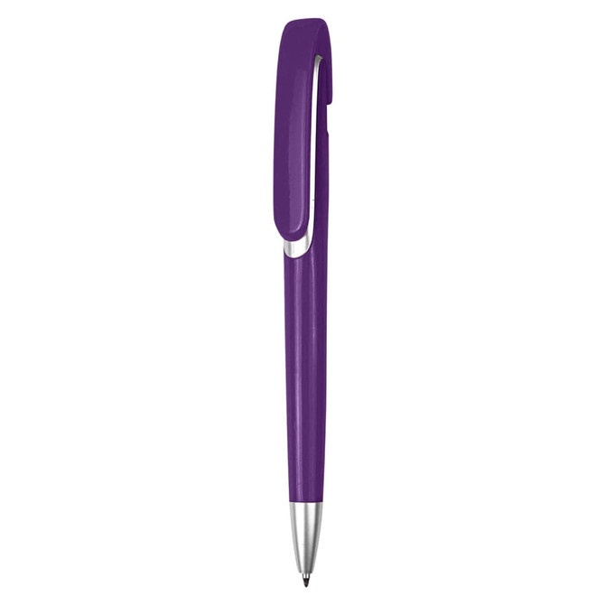 A purple plastic pen with a sleek design and a clip, featuring a logo on its body.