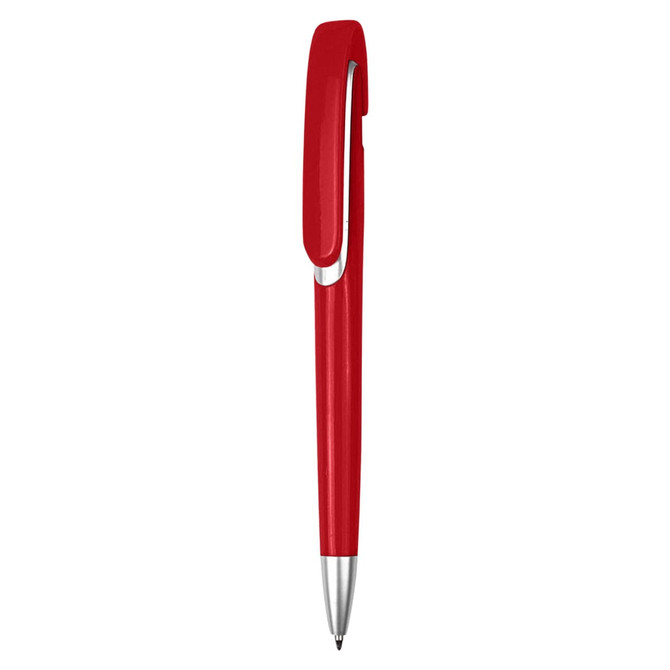 A red plastic pen with a sleek design and a clip, featuring a silver accent. It has a logo on the side.