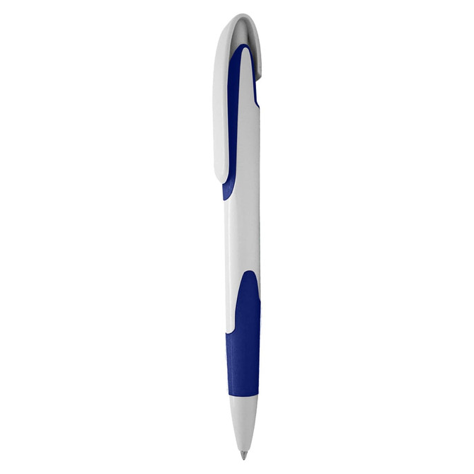 A plastic pen in white with blue accents, featuring a clip and a smooth writing tip. It includes a logo.