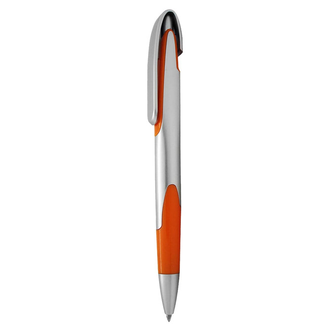 A silver and orange plastic pen with a sleek design and a clip. It features a logo on its body.