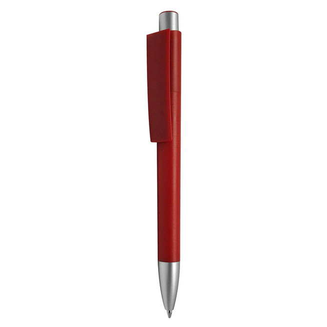 A red plastic pen with a silver clip, featuring a simple, sleek design and a logo.