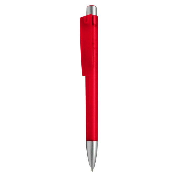 A red plastic pen with a stylish silver tip and clip, featuring a logo on the barrel.