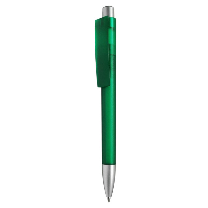 A green plastic pen with a silver tip and a clip. It features a transparent body and has a logo on it.