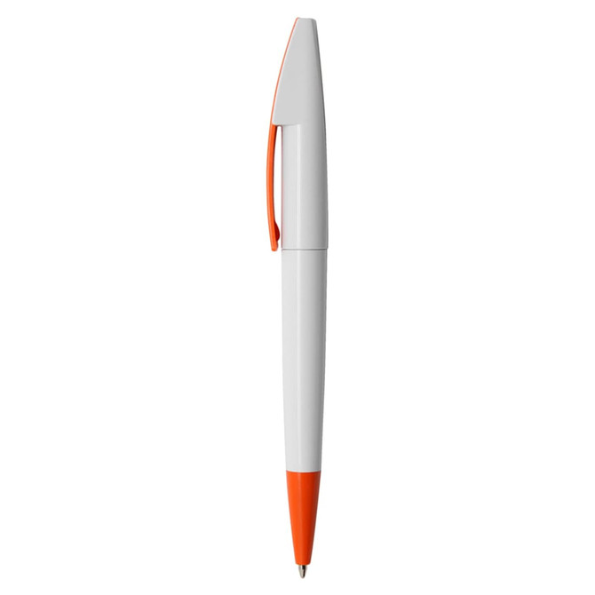 A plastic pen featuring a white body and orange accents, complete with a branding logo.