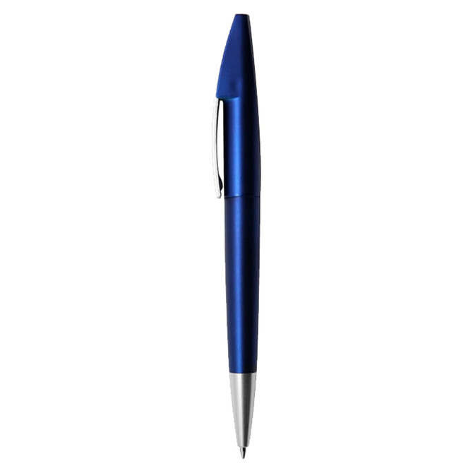 A blue metallic pen with a silver clip, featuring a sleek design and a logo.