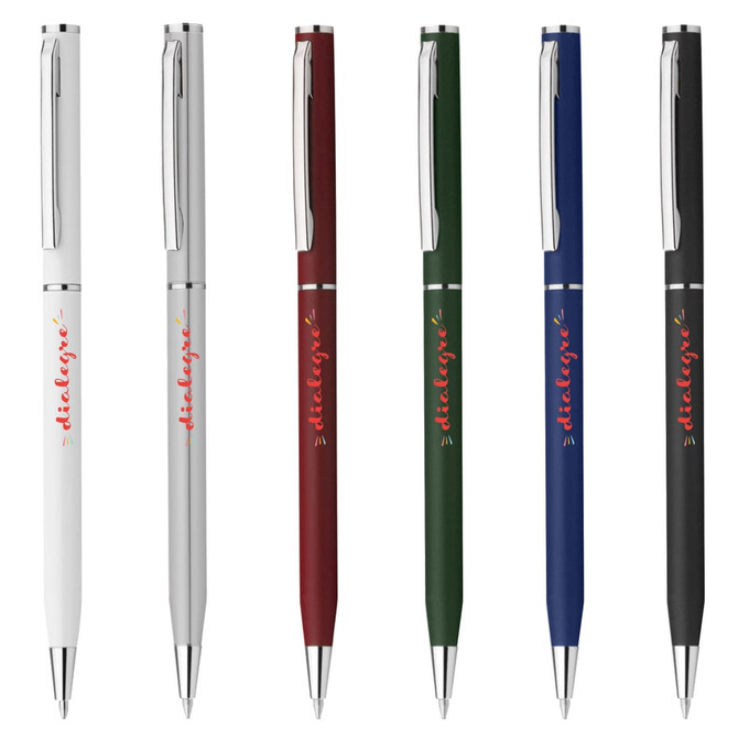 A set of six plastic pens in white, silver, burgundy, green, blue, and black, featuring a logo on each pen.