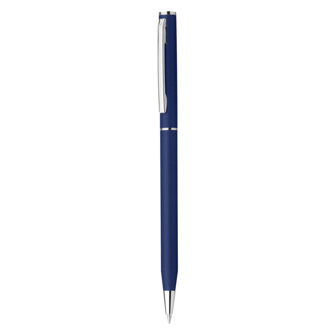 A navy blue plastic pen featuring a silver clip and trim, with a logo on its body.