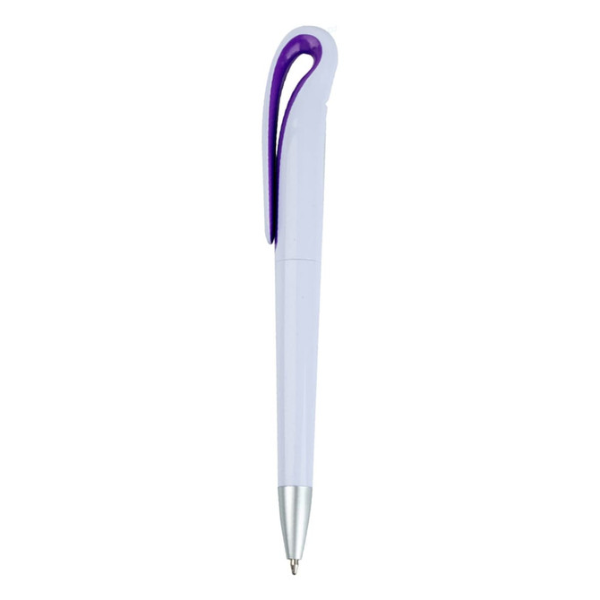 A plastic pen in light purple with a silver tip and a purple clip, featuring a logo.