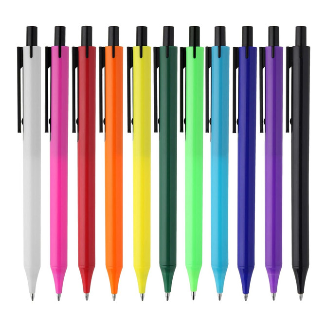A collection of plastic pens in colours including white, pink, red, orange, yellow, green, blue, and black, with branding.