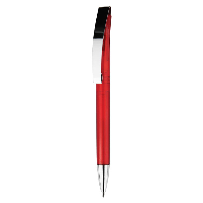 A red plastic pen with a shiny silver clip and a chrome tip. It features a sleek design and has a branding logo.