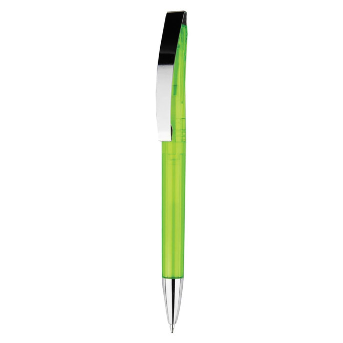 A plastic pen in bright green with a shiny chrome clip and tip. The pen features a logo on its body.
