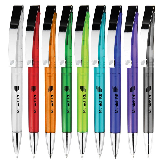 A set of plastic pens in various colours: red, orange, green, blue, purple, and clear, each with a silver clip and branding.