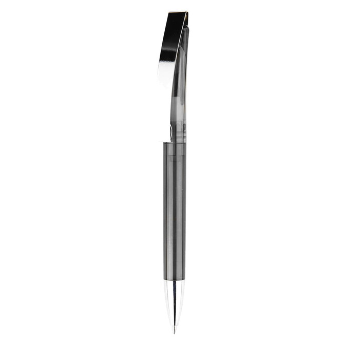 A sleek, transparent plastic pen in grey with a chrome clip and nib, featuring a logo on the side.