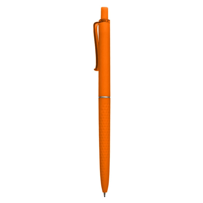 An orange plastic pen with a textured grip and a clip, featuring a logo on its body.