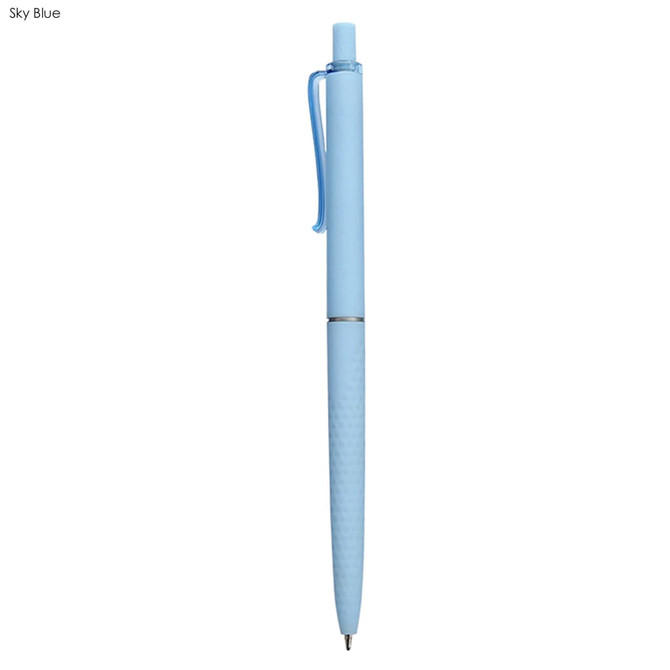 A sky blue plastic pen with a textured grip and a clip. Features a logo on the body.