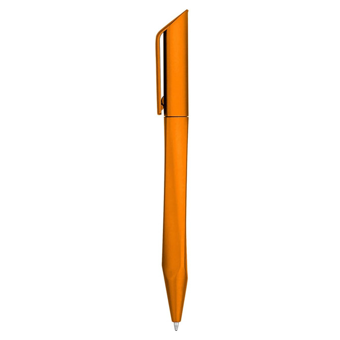An orange plastic pen with a sleek design and a clip on the cap. It has a pointed tip for writing.