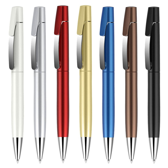 A collection of metal pens in white, silver, red, gold, blue, brown, and black, featuring various styles and a logo.