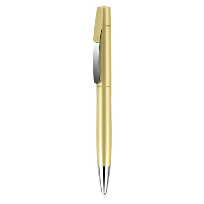 A metal pen in a sleek gold finish with a silver clip and a smooth tip. Features a logo on the body.