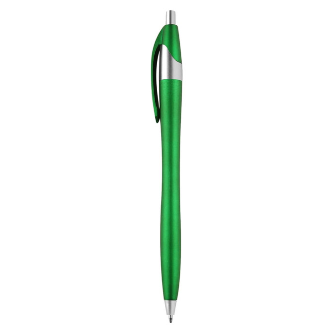 A green metallic pen with a silver clip and accent, featuring a sleek design. It has a branded logo.