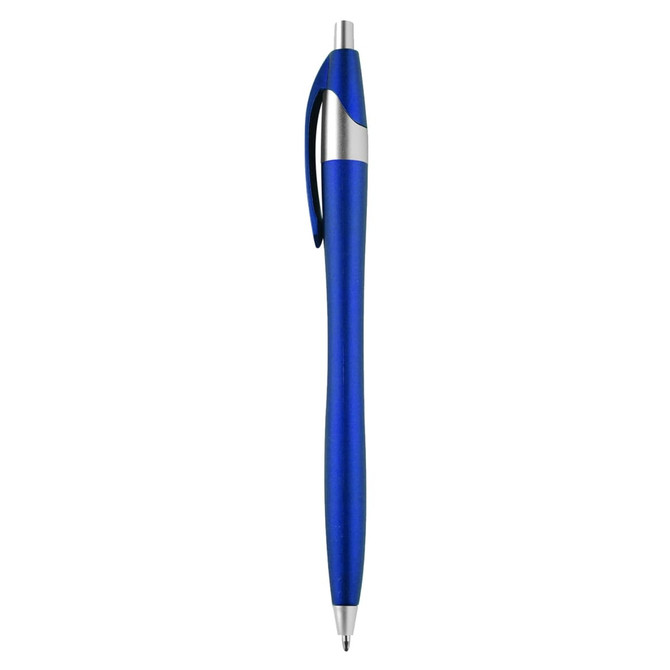A blue plastic pen with a sleek design and a silver clip. It features a logo on its surface.