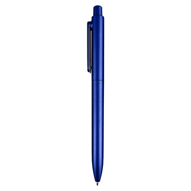 A blue plastic pen with a clip and a smooth barrel, featuring a logo on its surface.