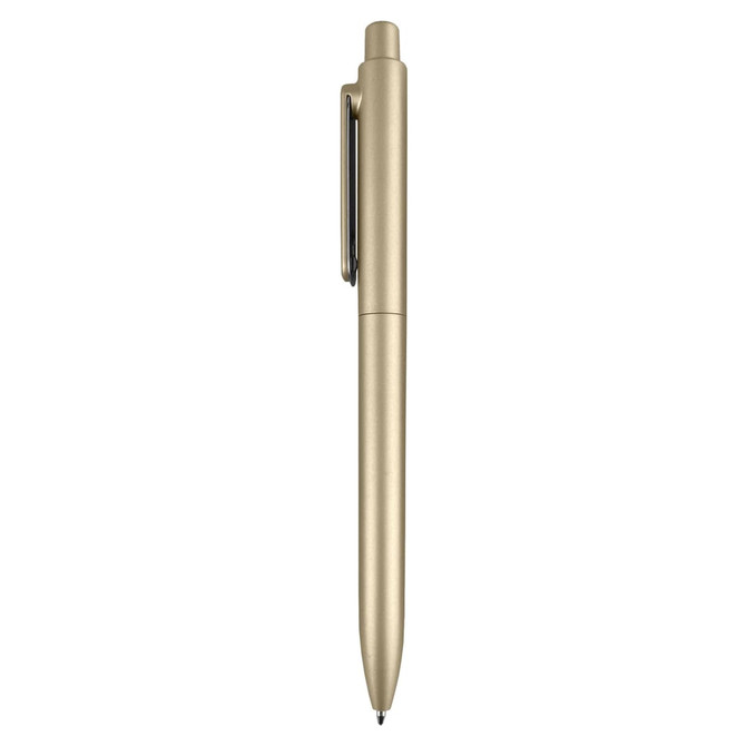 A plastic pen in a sleek gold finish, featuring a clip and a smooth writing tip. The pen includes a logo.