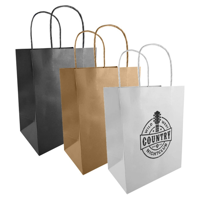 A set of medium kraft paper bags in black, gold, and white, featuring handles and one with a logo.