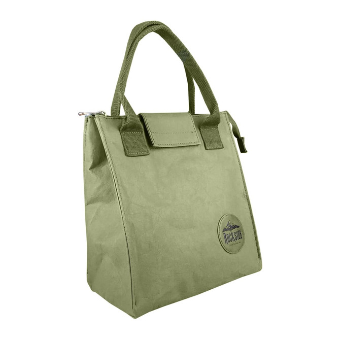 A green lunch bag with a sturdy handle, featuring a patch logo and a zip closure.
