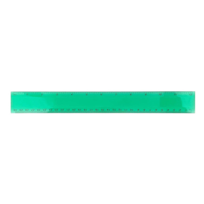 A plastic 30cm ruler in bright green with measurement markings and a logo.