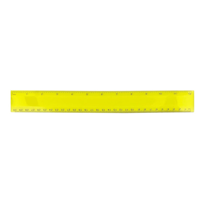 A bright yellow plastic ruler measuring 30cm, featuring metric and imperial markings, with a small logo on one side.