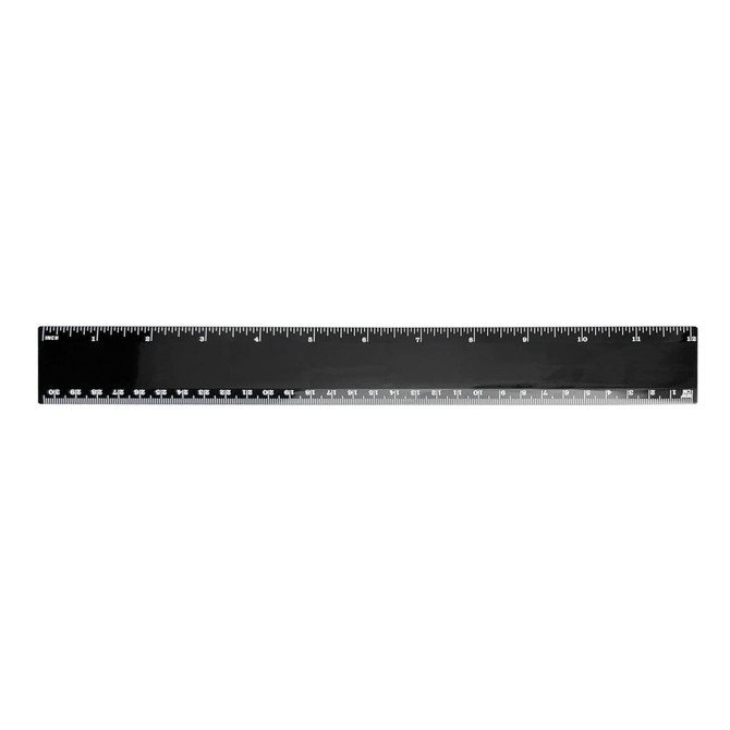 A black plastic ruler measuring 30cm, featuring metric and imperial markings, with a logo on one side.