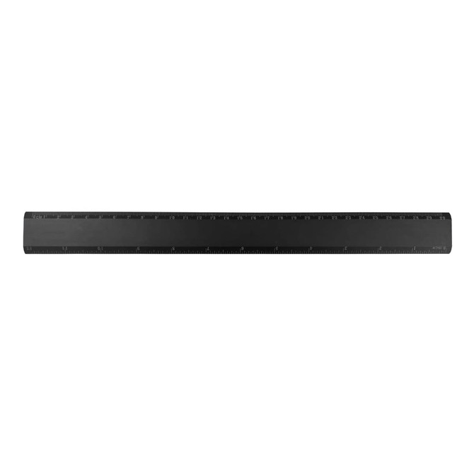 A black aluminum ruler measuring 30cm, featuring clear measurement markings along its length.