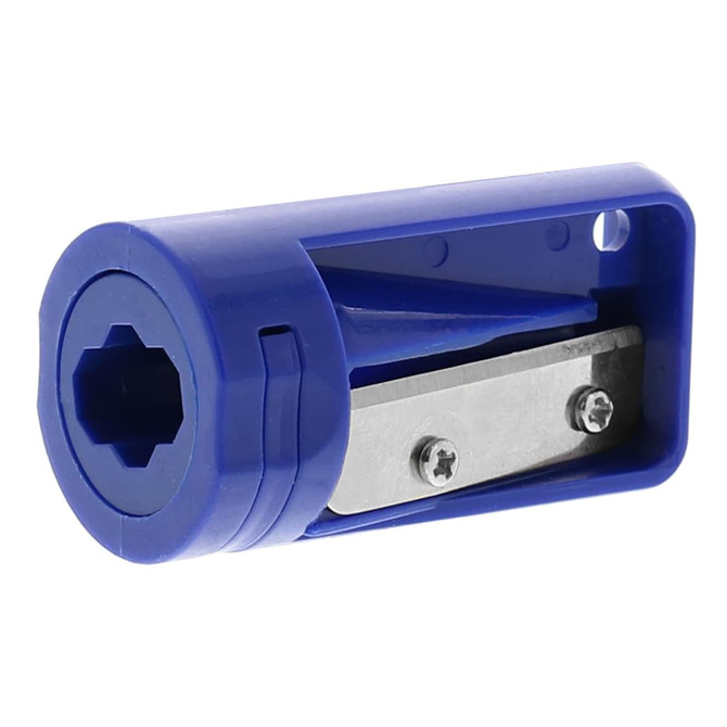 A blue carpenter pencil sharpener with a metal blade and a contoured body for easy handling.