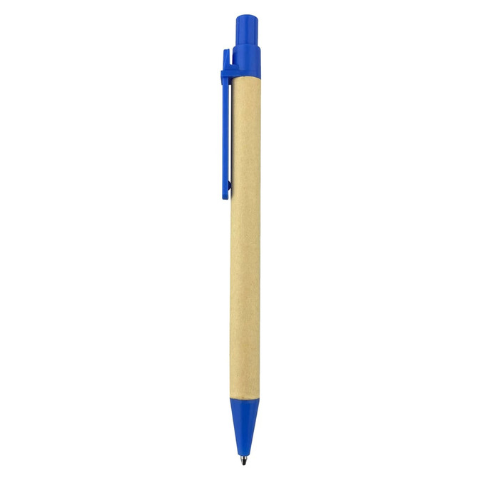 A recycled cardboard pen with a blue plastic top and clip, featuring a simple design and branding.