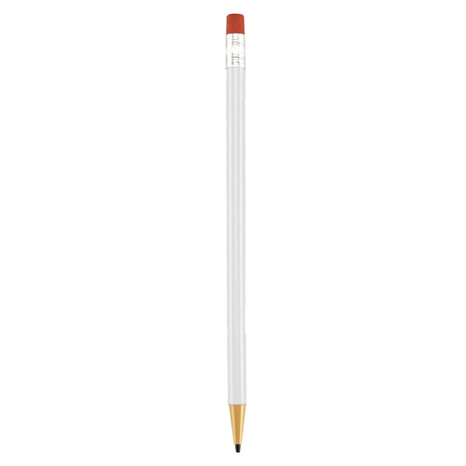 A round mechanical pencil in white with a gold tip and red eraser, featuring a branding logo.