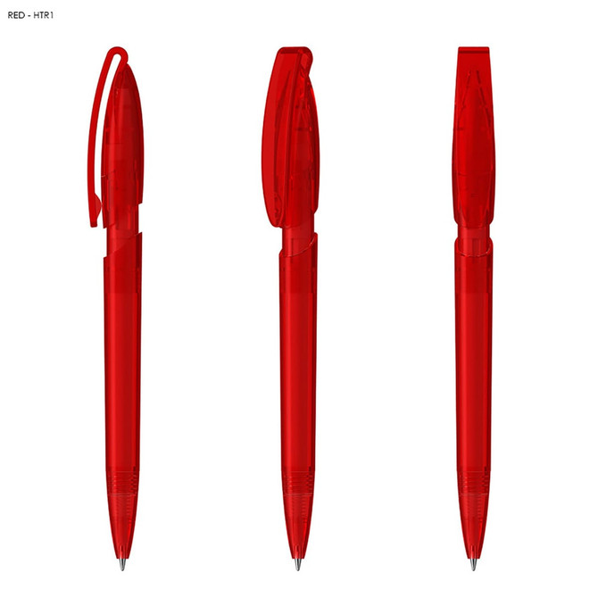A trio of red transparent plastic pens, featuring a clip and retractable design, with branding.