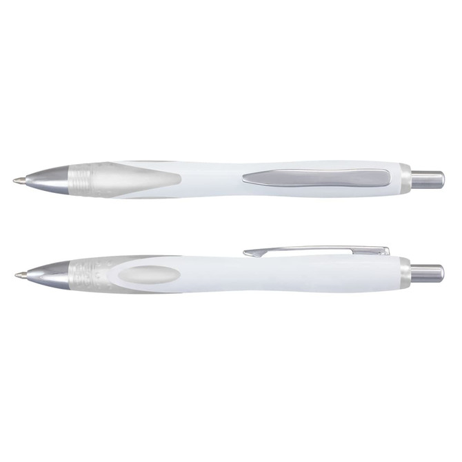 A set of Neo Pens in white plastic, featuring a sleek design with silver accents and a click mechanism.