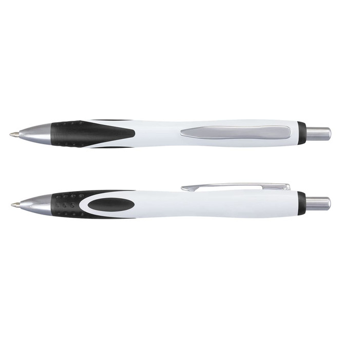 A plastic pen with a sleek white and black design, featuring a silver clip and grip. It has a branding logo.