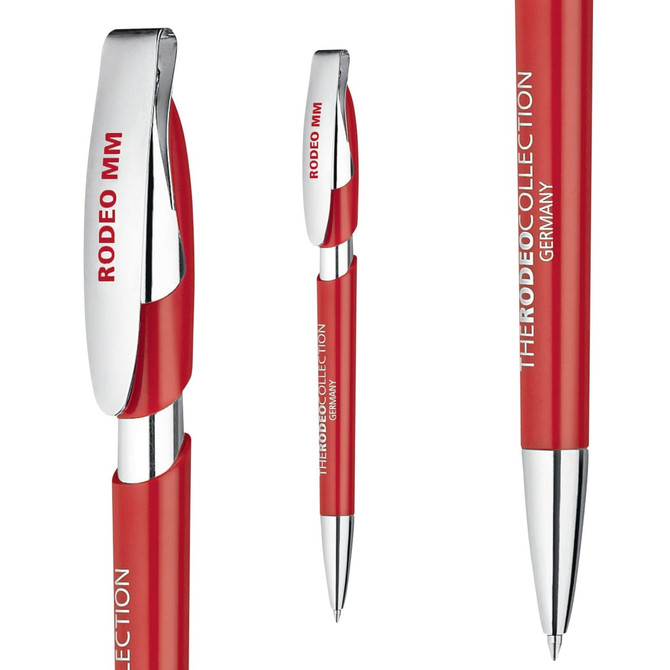 A plastic pen in red with a chrome clip and a brand logo displayed on the barrel.
