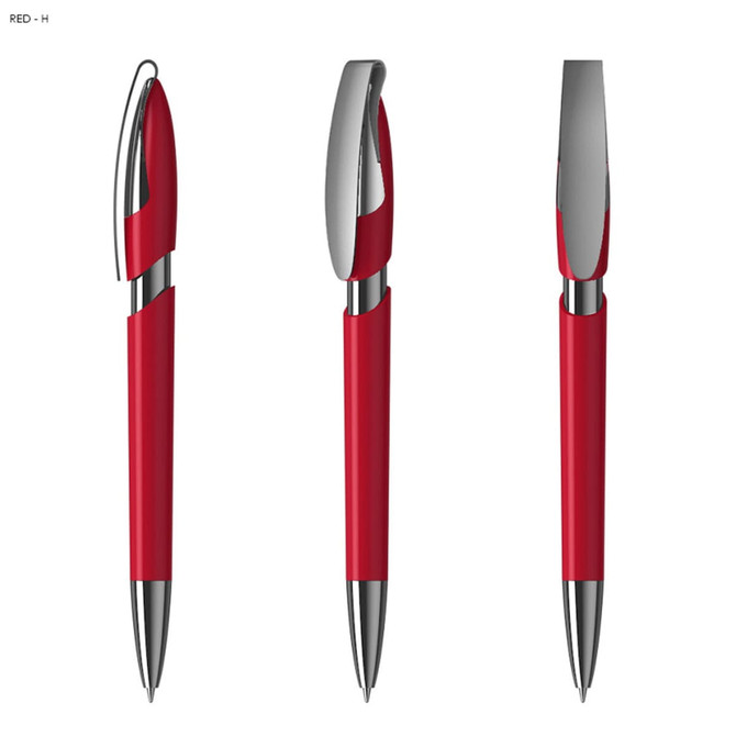 A red plastic pen with a sleek design and silver accents, featuring a logo on its body.