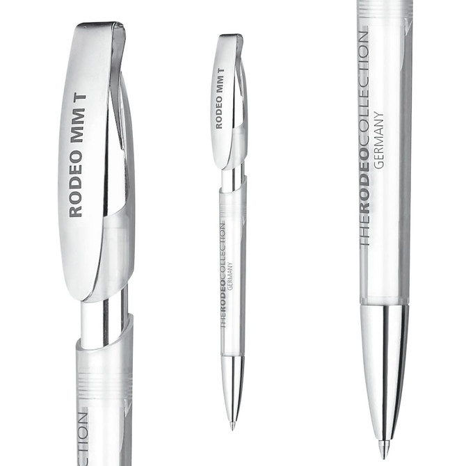 A sleek, transparent plastic pen in white with silver accents and a logo on the barrel.