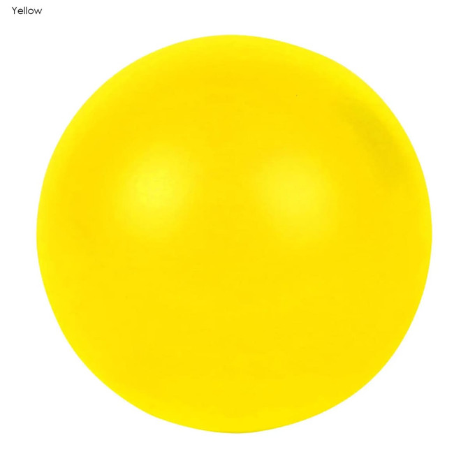 A yellow stress ball with a smooth surface and rounded shape. It features a logo on its surface.