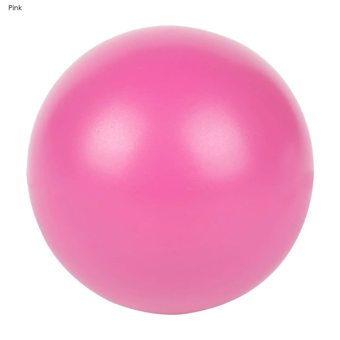 A pink stress ball featuring a smooth, rounded surface and a glossy finish. It has a branding logo.