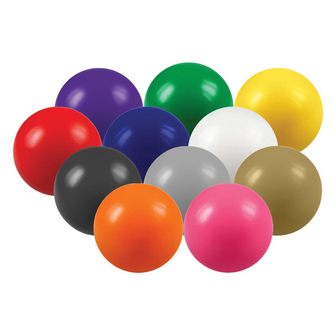 A collection of ten stress balls in various colours, including red, purple, green, yellow, and pink, with a smooth finish.