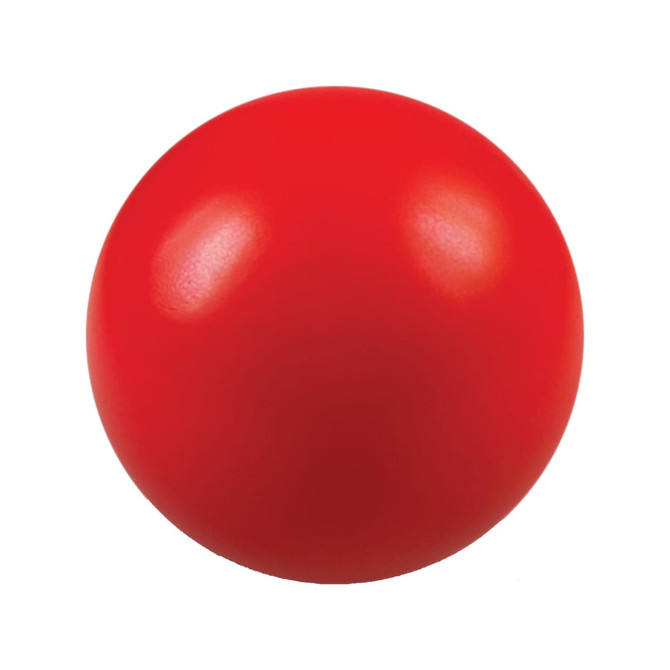 A red stress ball with a smooth surface, featuring a logo on one side.